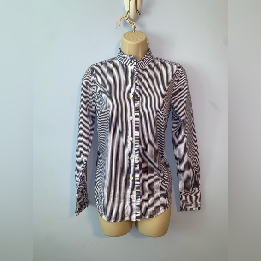 J CREW women’s Striped Navy White ruffled Mandarin-Collar button down Shirt 00